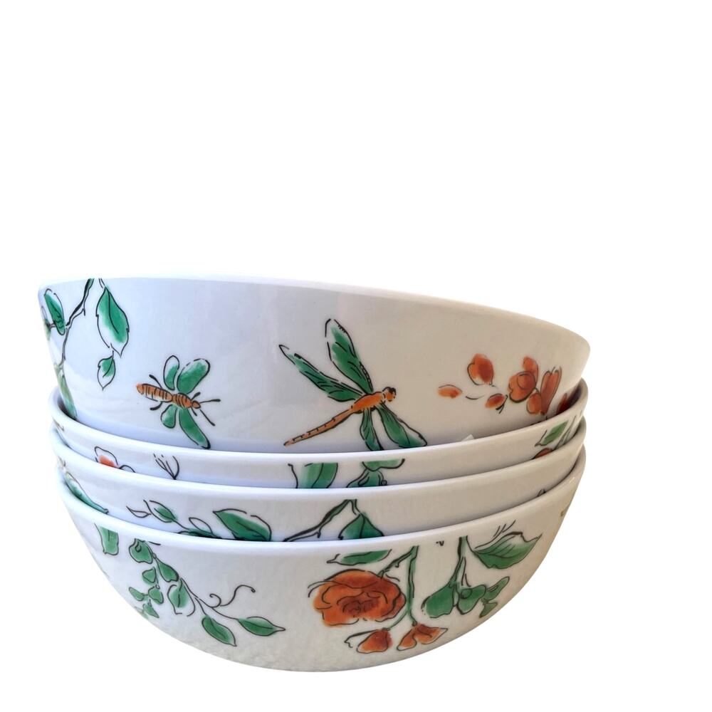 Martha Stewart Dragonfly Floral Melamine Salad Bowls 6.5in Set of 4 New